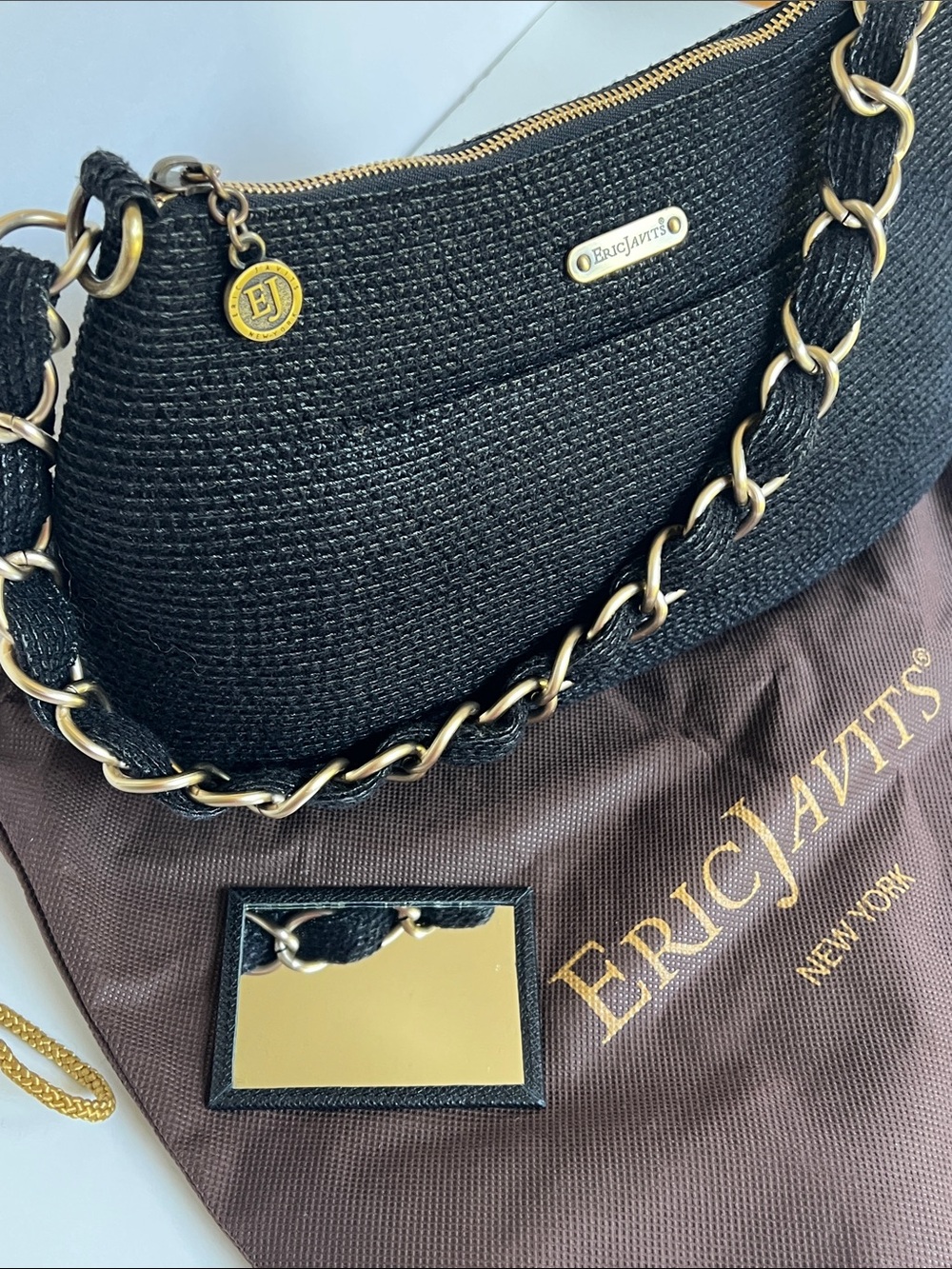 Eric Javits Black Woven Squishy Shoulder Bag with Gold Chain Strap